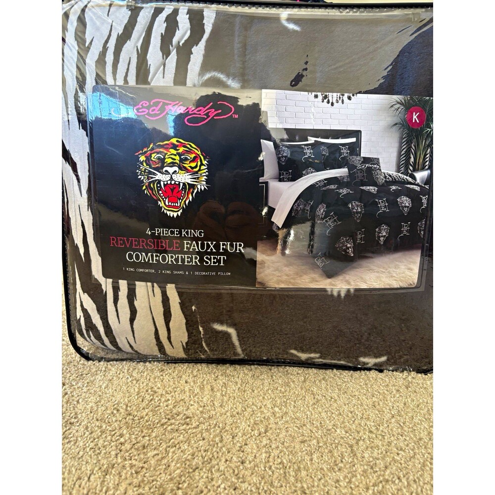 Ed Hardy King 4-Piece Reversible Faux Fur Comforter Set Tiger Black White